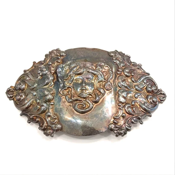 Large Art Nouveau Belt Buckle Sash Plaque Vintage Maiden Medusa Silver Plated Vintage Medusa PEWTER Belt Buckle Art Nouveau Deco Style  main image 4